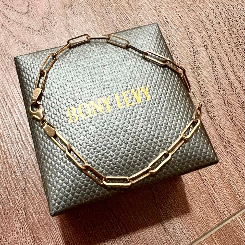 $995 BONY LEVY 14K Yellow Gold Paperclip Chain Link Bracelet 6.75"